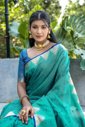 Blue Semi Tussar Silk Saree With All Over Bandhani Style Butti Weaves And Very Well Designed Traditional Temple Border With Zari Linning Pallu And Blouse Piece