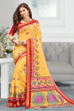 Womens Cotton Yellow Saree With Blouse Piece
