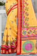 Womens Cotton Yellow Saree With Blouse Piece