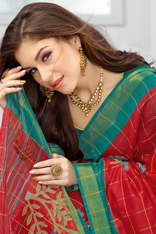 Red Cotton Saree With Blouse Piece