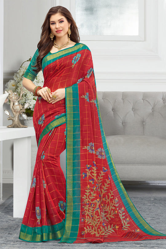 Red Cotton Saree With Blouse Piece