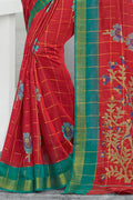 Red Cotton Saree With Blouse Piece