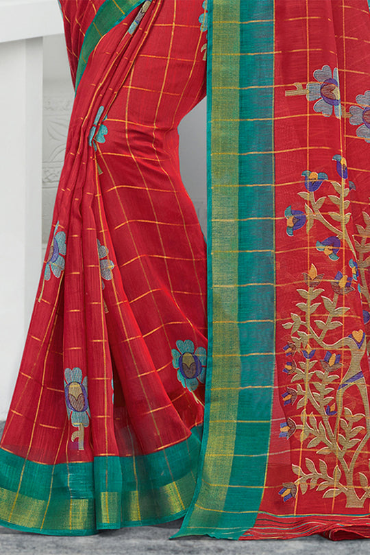 Red Cotton Saree With Blouse Piece