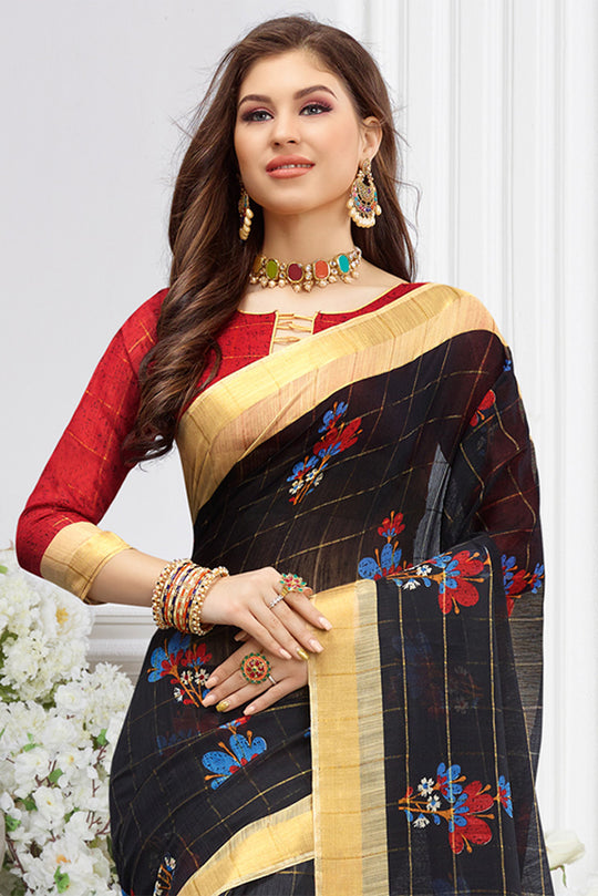 Black Cotton Saree With Blouse Piece