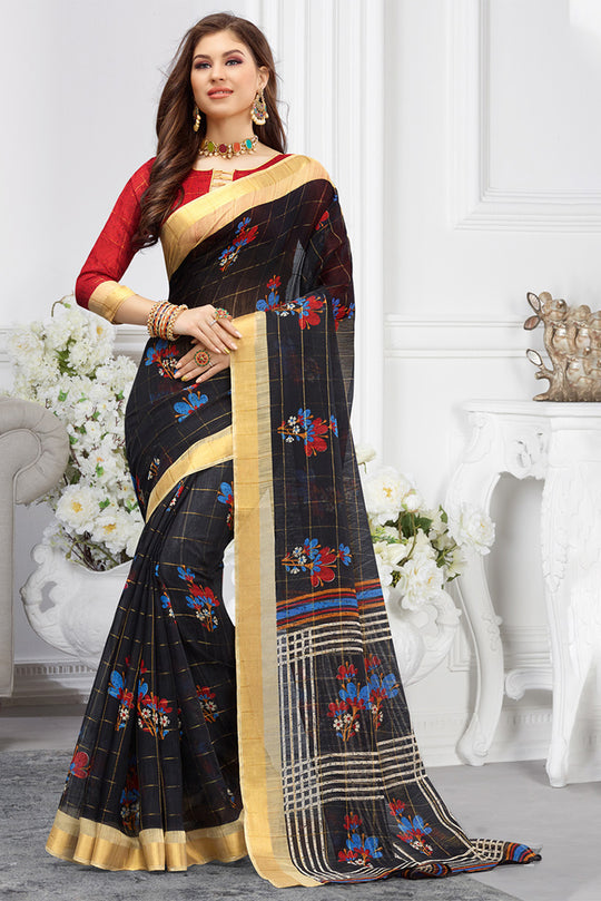 Black Cotton Saree With Blouse Piece