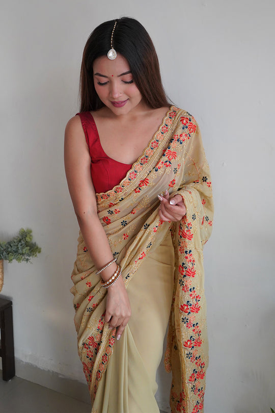 Beige Georgette Saree with Maroon Blouse Piece