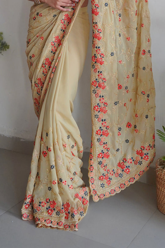 Beige Georgette Saree with Maroon Blouse Piece