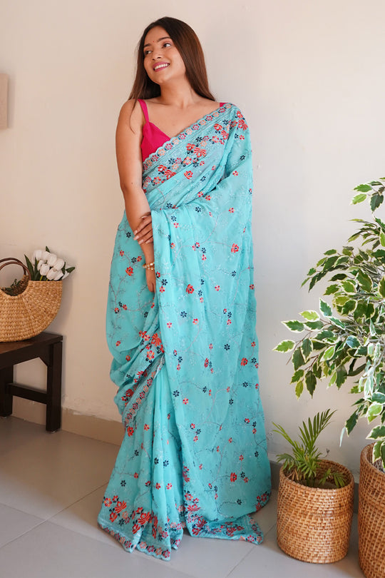 Sky Blue Georgette Saree with Maroon Blouse Piece