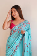Sky Blue Georgette Saree with Maroon Blouse Piece