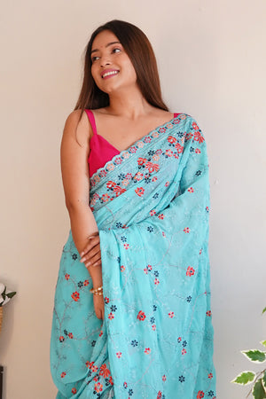 Sky Blue Georgette Saree with Maroon Blouse Piece