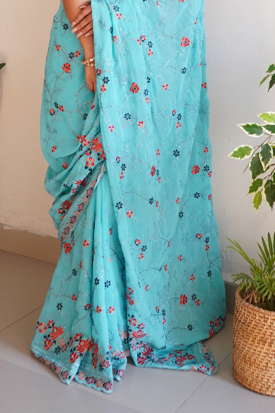 Sky Blue Georgette Saree with Maroon Blouse Piece