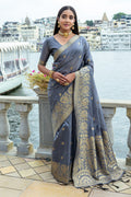 Grey Silk Blend Saree With Blouse Piece