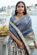 Grey Silk Blend Saree With Blouse Piece