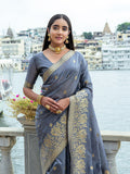 Grey Silk Blend Saree With Blouse Piece