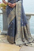 Grey Silk Blend Saree With Blouse Piece