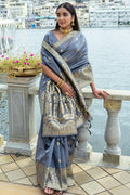 Grey Silk Blend Saree With Blouse Piece