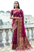 Maroon Silk Blend Saree With Blouse Piece