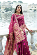 Maroon Silk Blend Saree With Blouse Piece