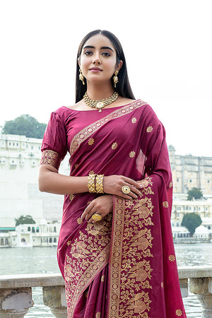 Maroon Silk Blend Saree With Blouse Piece