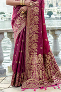 Maroon Silk Blend Saree With Blouse Piece