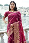 Maroon Silk Blend Saree With Blouse Piece