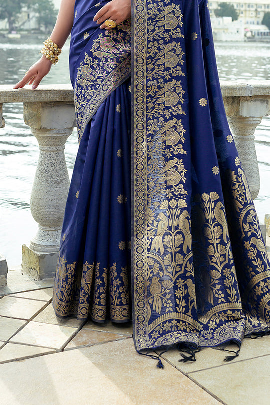 Navy Blue Silk Blend Saree With Blouse Piece