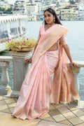 Peach Silk Blend Saree With Blouse Piece