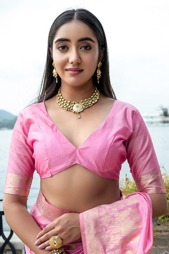 Pink Silk Blend Saree With Blouse Piece