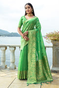 Green Silk Blend Saree With Blouse Piece