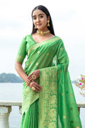 Green Silk Blend Saree With Blouse Piece