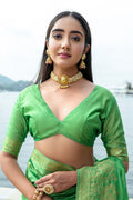 Green Silk Blend Saree With Blouse Piece