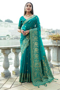 Teal Silk Blend Saree With Blouse Piece