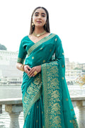 Teal Silk Blend Saree With Blouse Piece