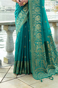 Teal Silk Blend Saree With Blouse Piece