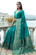 Teal Silk Blend Saree With Blouse Piece