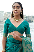 Teal Silk Blend Saree With Blouse Piece