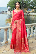 Red Silk Blend Saree With Blouse Piece