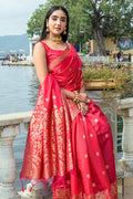 Red Silk Blend Saree With Blouse Piece