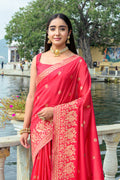 Red Silk Blend Saree With Blouse Piece