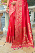 Red Silk Blend Saree With Blouse Piece