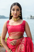 Red Silk Blend Saree With Blouse Piece