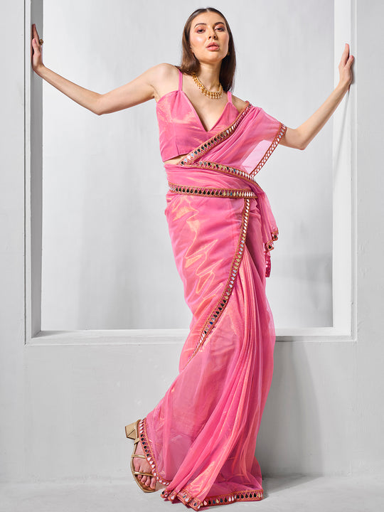 Mirror Work Lace Organza Saree With Blouse Piece