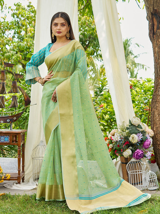 Firozi Simmer Silk Saree With Blouse Piece