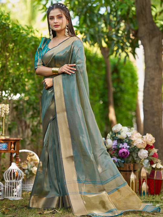 Firozi Tissue  Saree With Blouse Piece