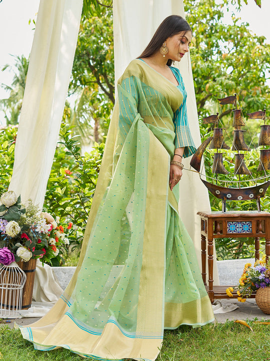 Firozi Simmer Silk Saree With Blouse Piece