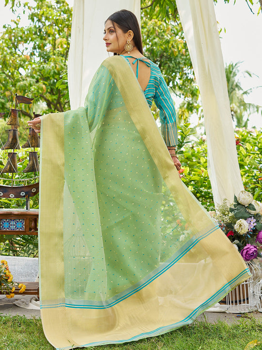 Firozi Simmer Silk Saree With Blouse Piece