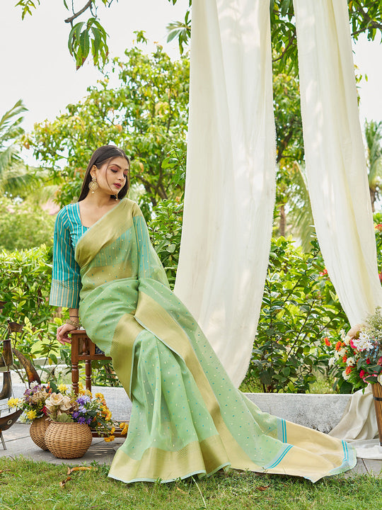 Firozi Simmer Silk Saree With Blouse Piece