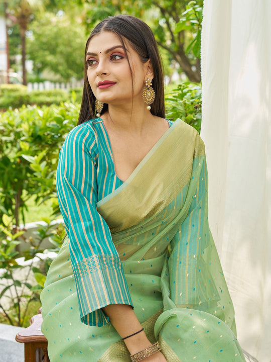 Firozi Simmer Silk Saree With Blouse Piece