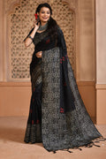 Black Raw Silk Saree With Blouse Piece