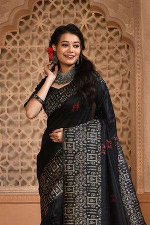 Black Raw Silk Saree With Blouse Piece